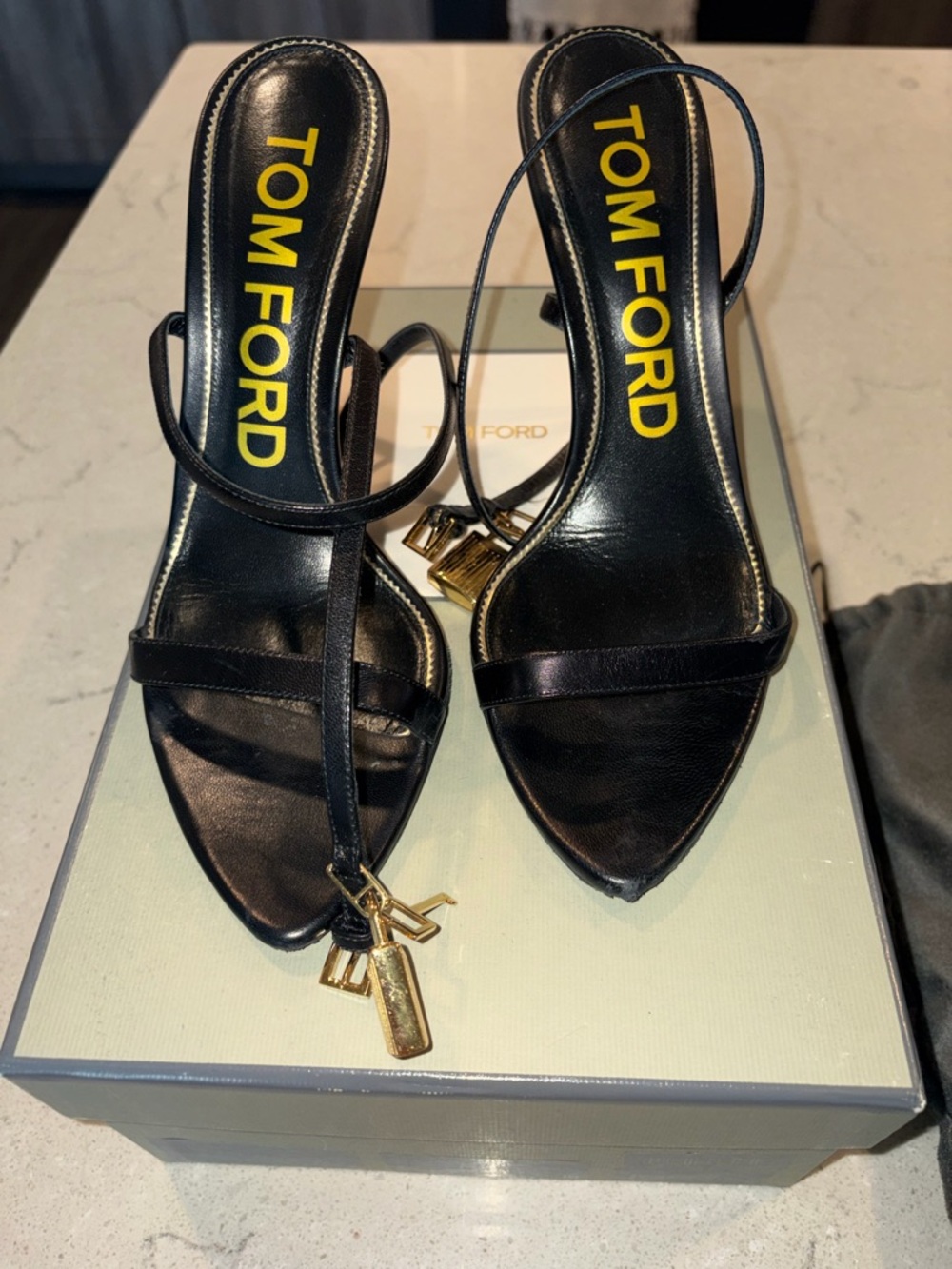 Tom Ford Black Leather Strappy Pointed Slingback Heels with Gold Charms